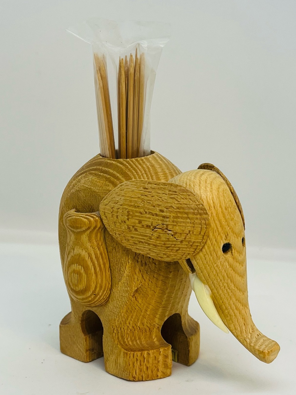 Vintage Wooden Elephant Toothpick Holder MCM Mid Century With Tusks
